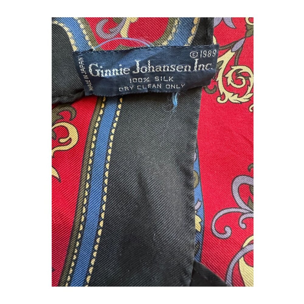Ginnie Johansen Inc. Silk Scarf Ornate Baroque Print Red Navy Blue Vintage 1988 - Picture 2 of 2